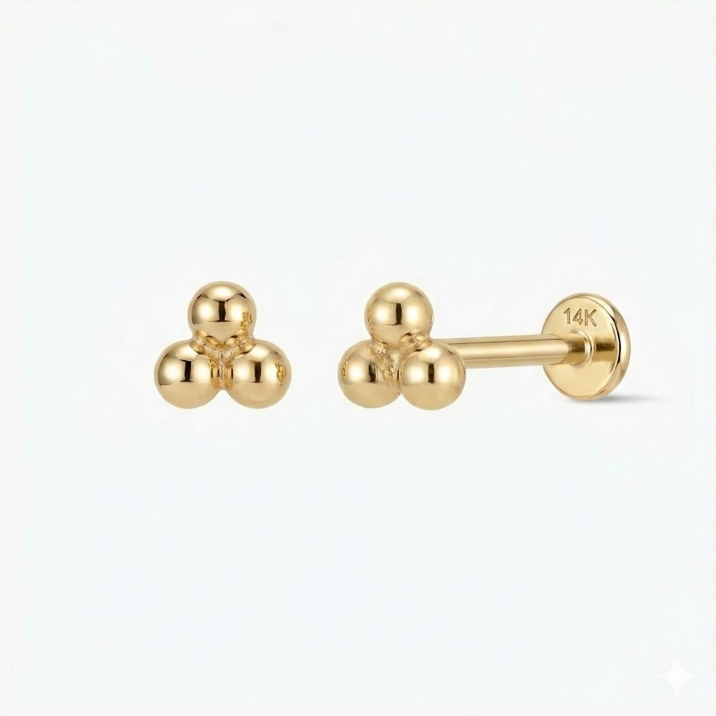 14K Solid Yellow Gold Three-Bead Flat Back Stud & Solid Gold Post