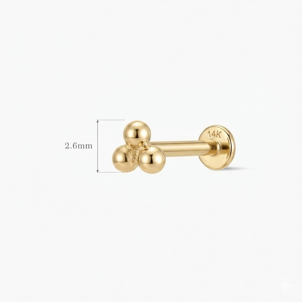 14K Solid Yellow Gold Three-Bead Flat Back Stud & Solid Gold Post