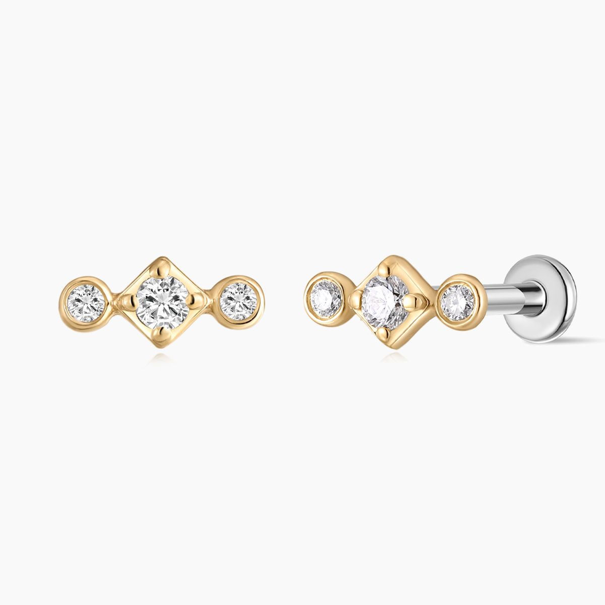 14K Solid Yellow Gold Three-Stone Flat Back Stud & Titanium Post