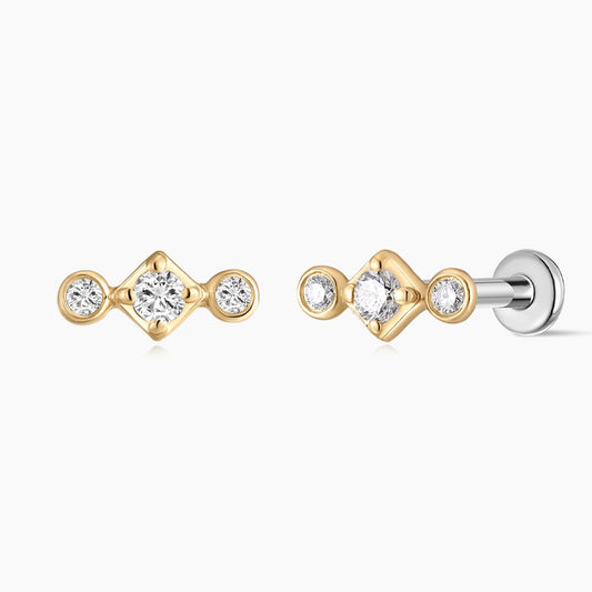 14K Solid Yellow Gold Three-Stone Flat Back Stud & Titanium Post