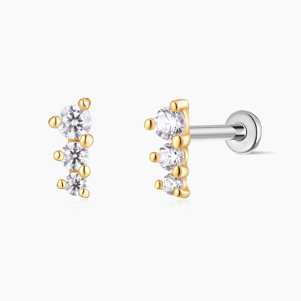 14K Solid Yellow Gold Three-Stone Vertical Flat Back Stud & Titanium Post