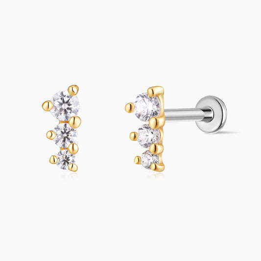 14K Solid Yellow Gold Three-Stone Vertical Flat Back Stud & Titanium Post