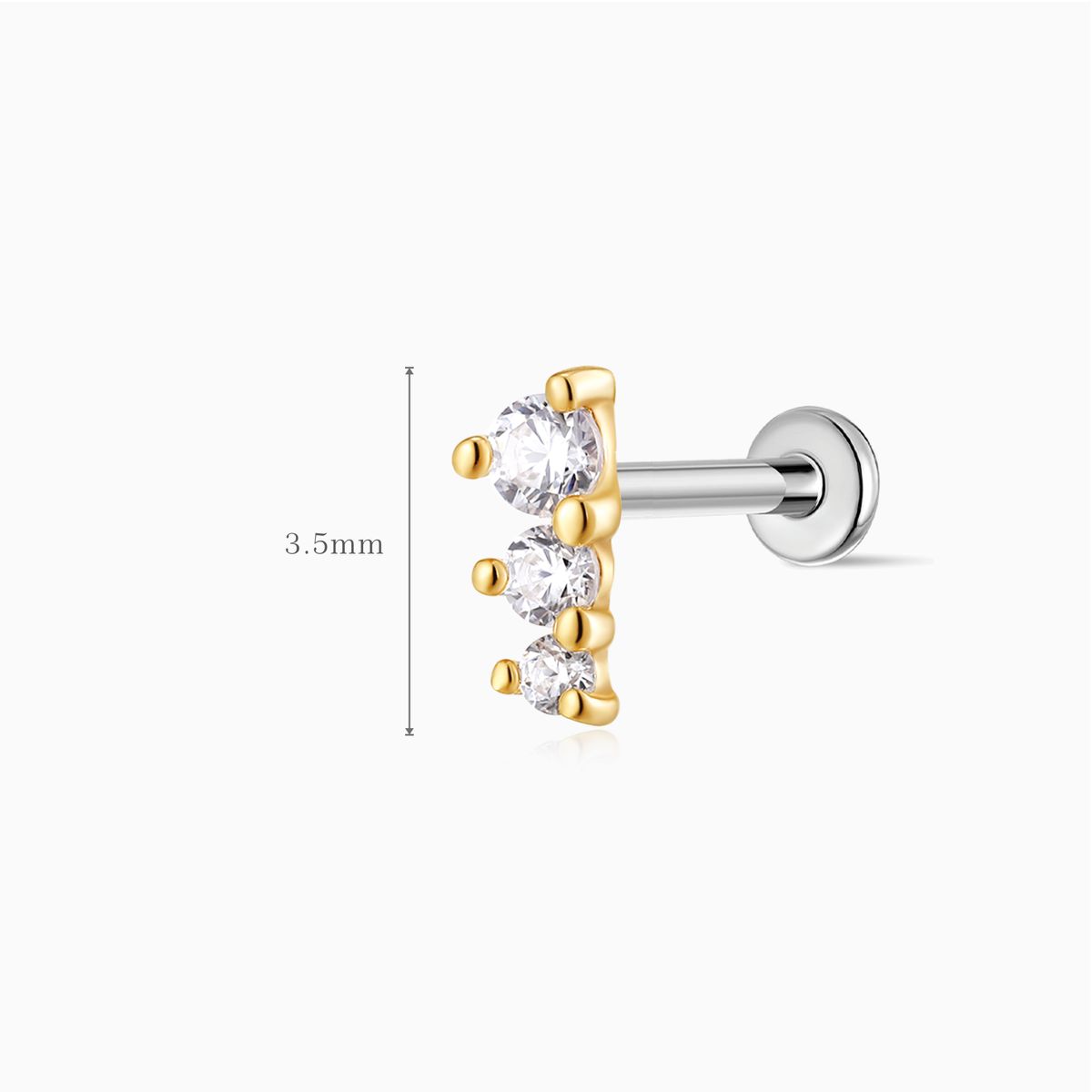14K Solid Yellow Gold Three-Stone Vertical Flat Back Stud & Titanium Post