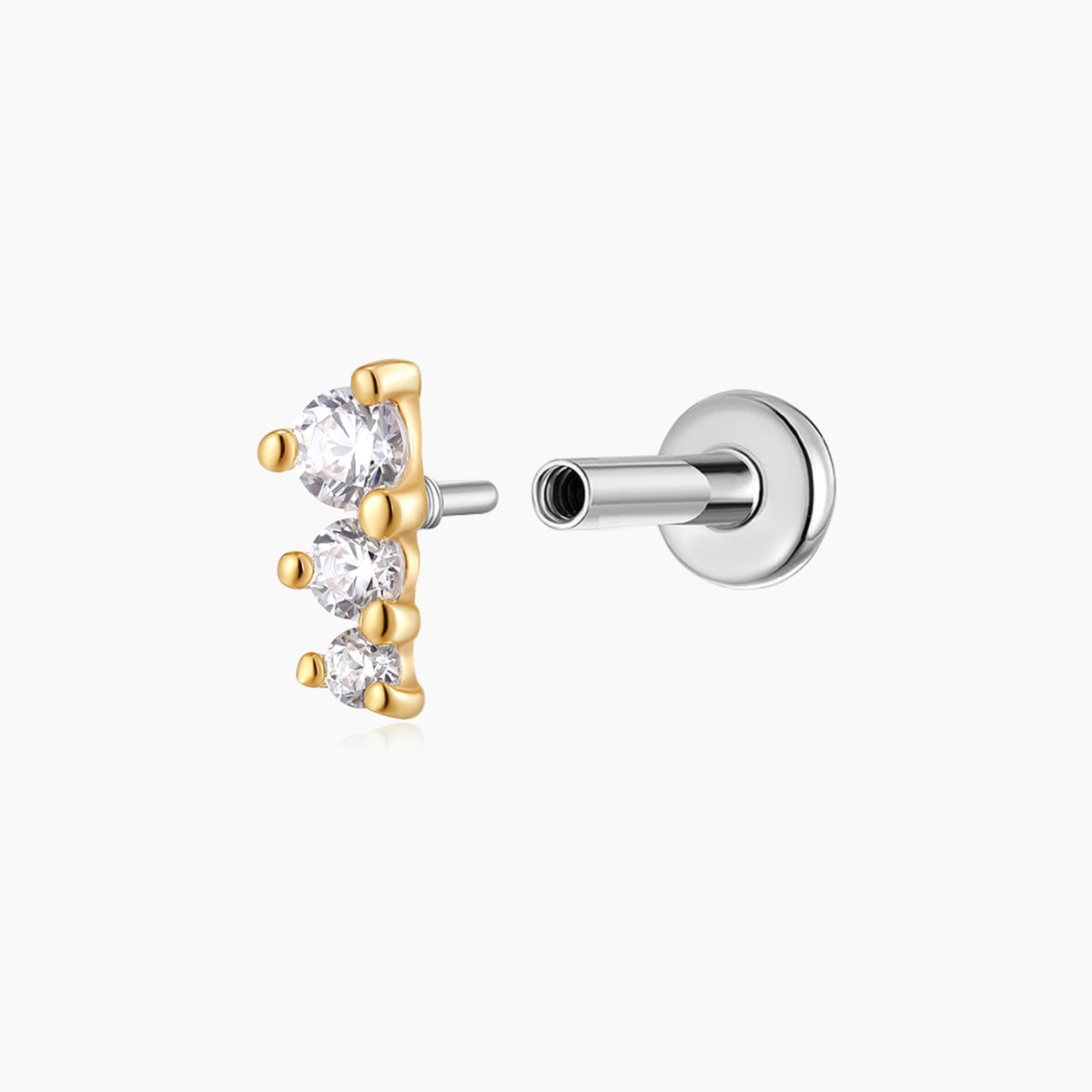14K Solid Yellow Gold Three-Stone Vertical Flat Back Stud & Titanium Post