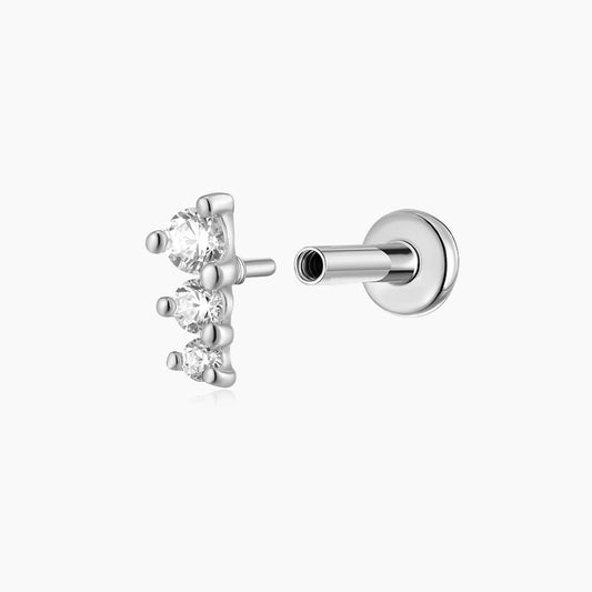 14K Solid White Gold Three-Stone Vertical Flat Back Stud & Titanium Post