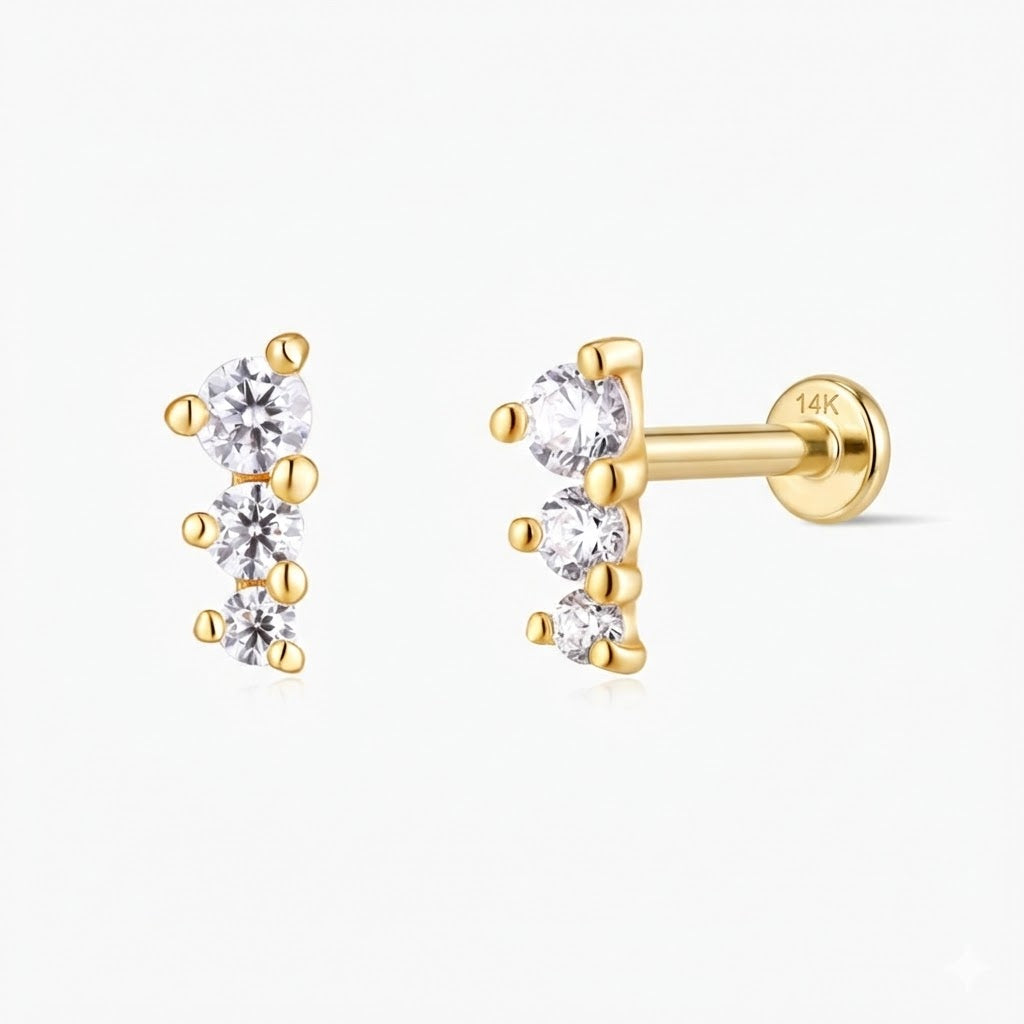14K Solid Yellow Gold Three-Stone Vertical Flat Back Stud & Solid Gold Post