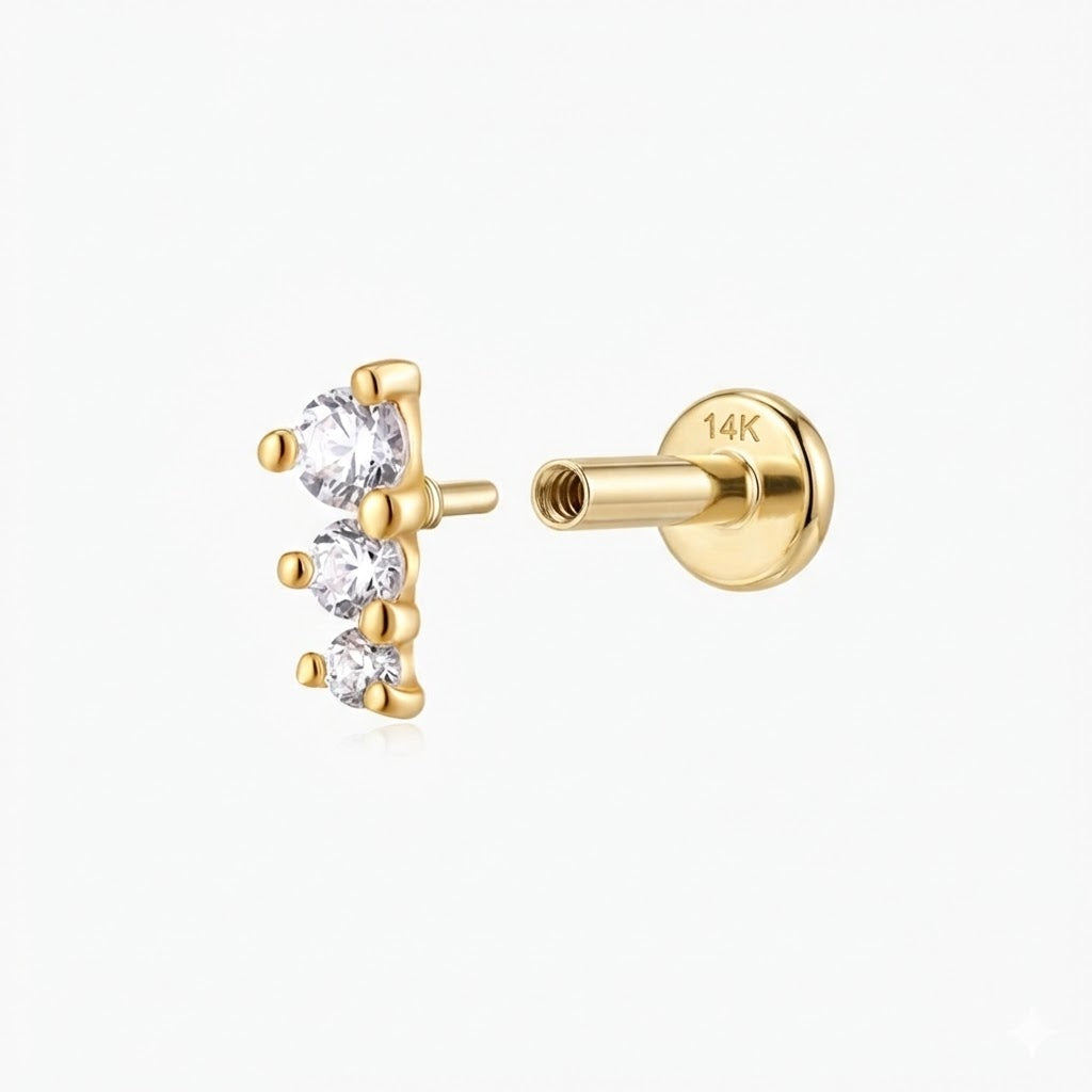 14K Solid Yellow Gold Three-Stone Vertical Flat Back Stud & Solid Gold Post