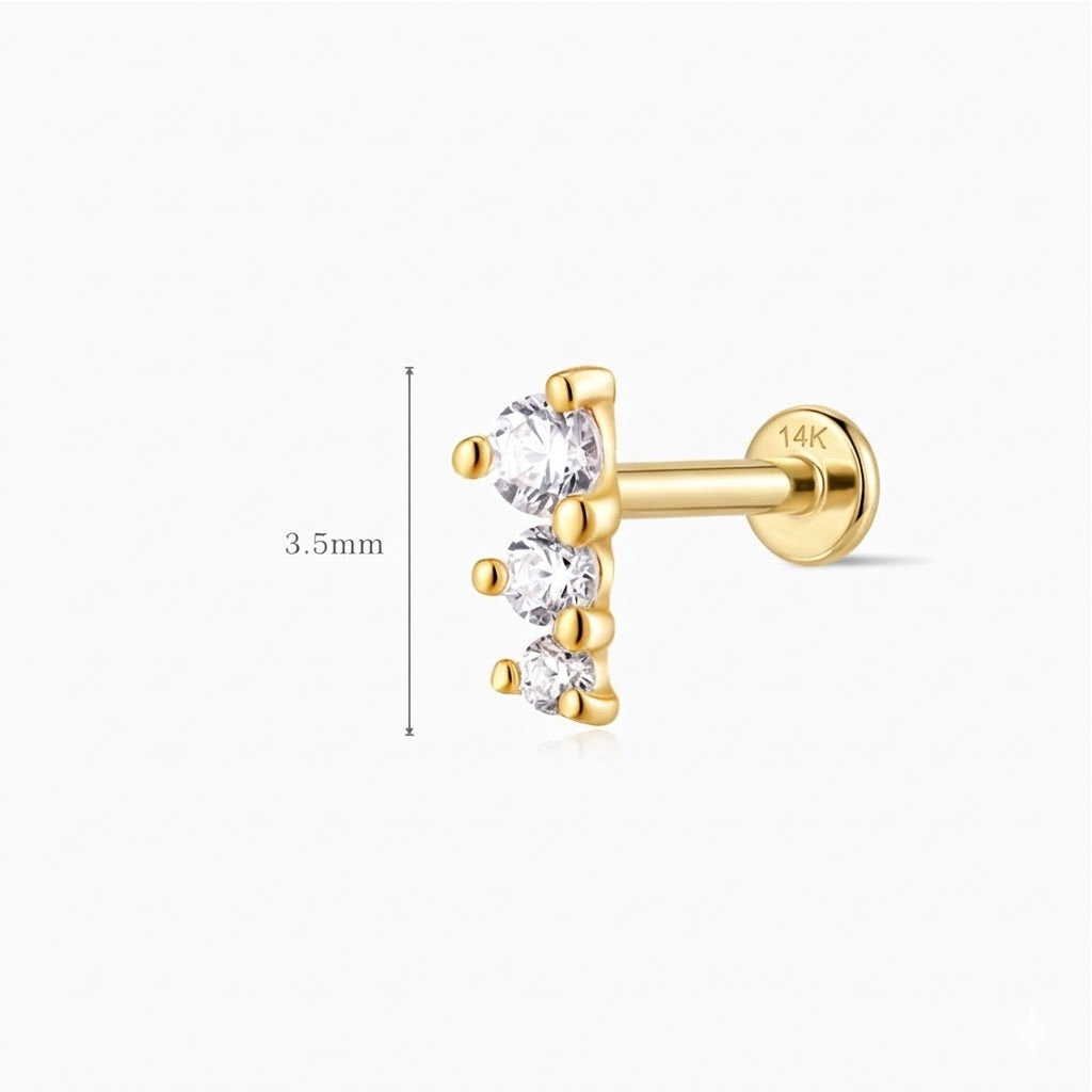 14K Solid Yellow Gold Three-Stone Vertical Flat Back Stud & Solid Gold Post