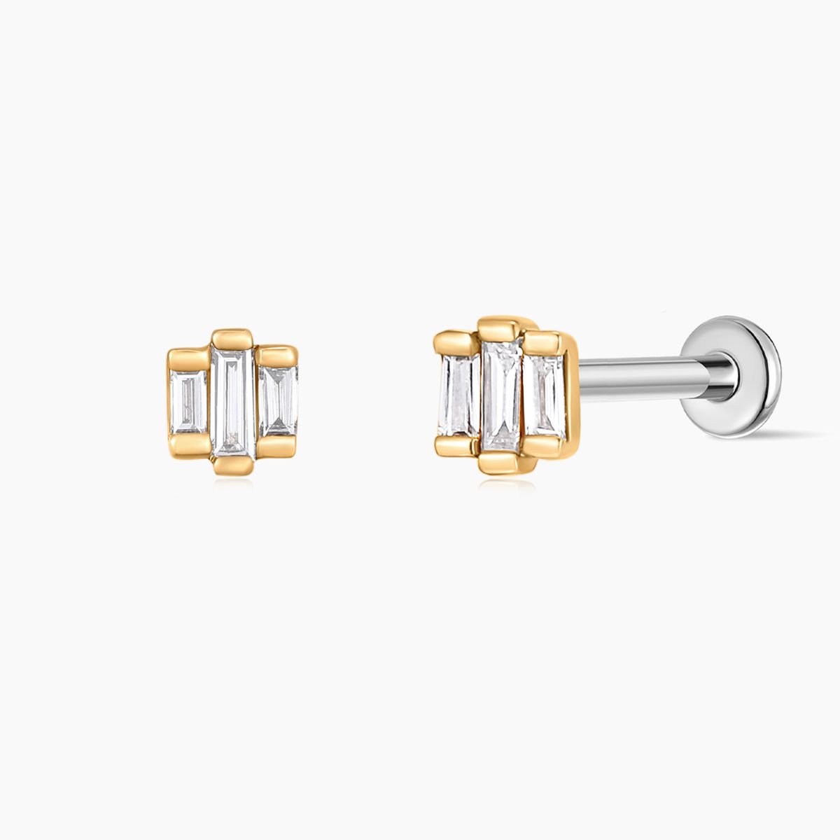 14K Solid Yellow Gold Triple Baguette Stud & Titanium Post