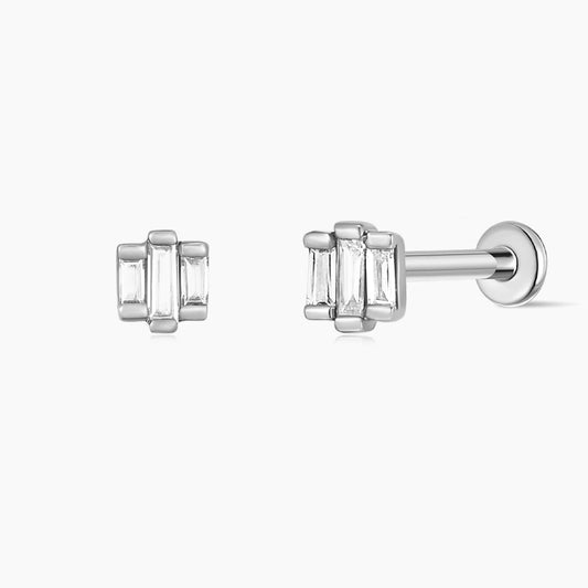 14K Solid White Gold Triple Baguette Stud & Titanium Post