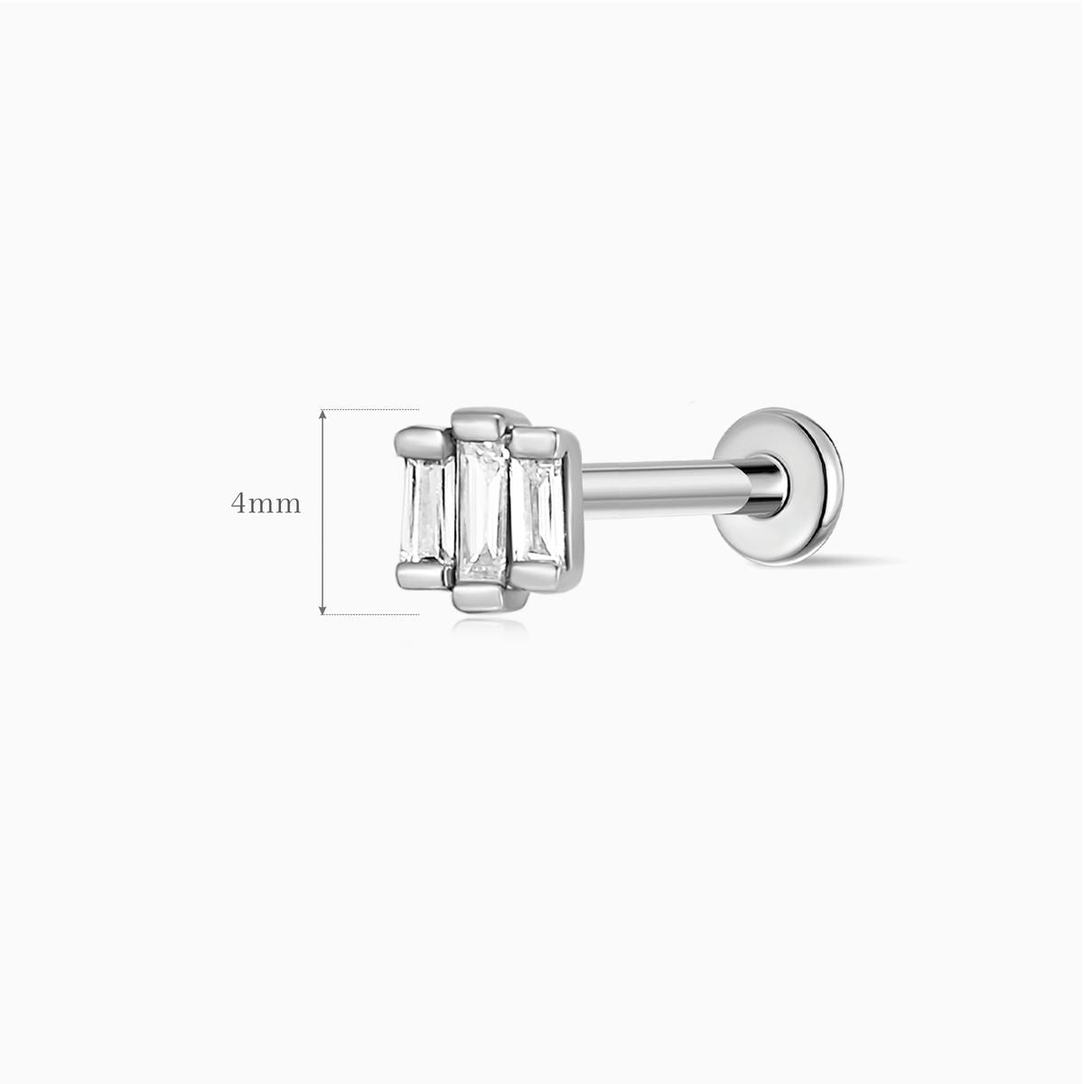 14K Solid White Gold Triple Baguette Stud & Titanium Post