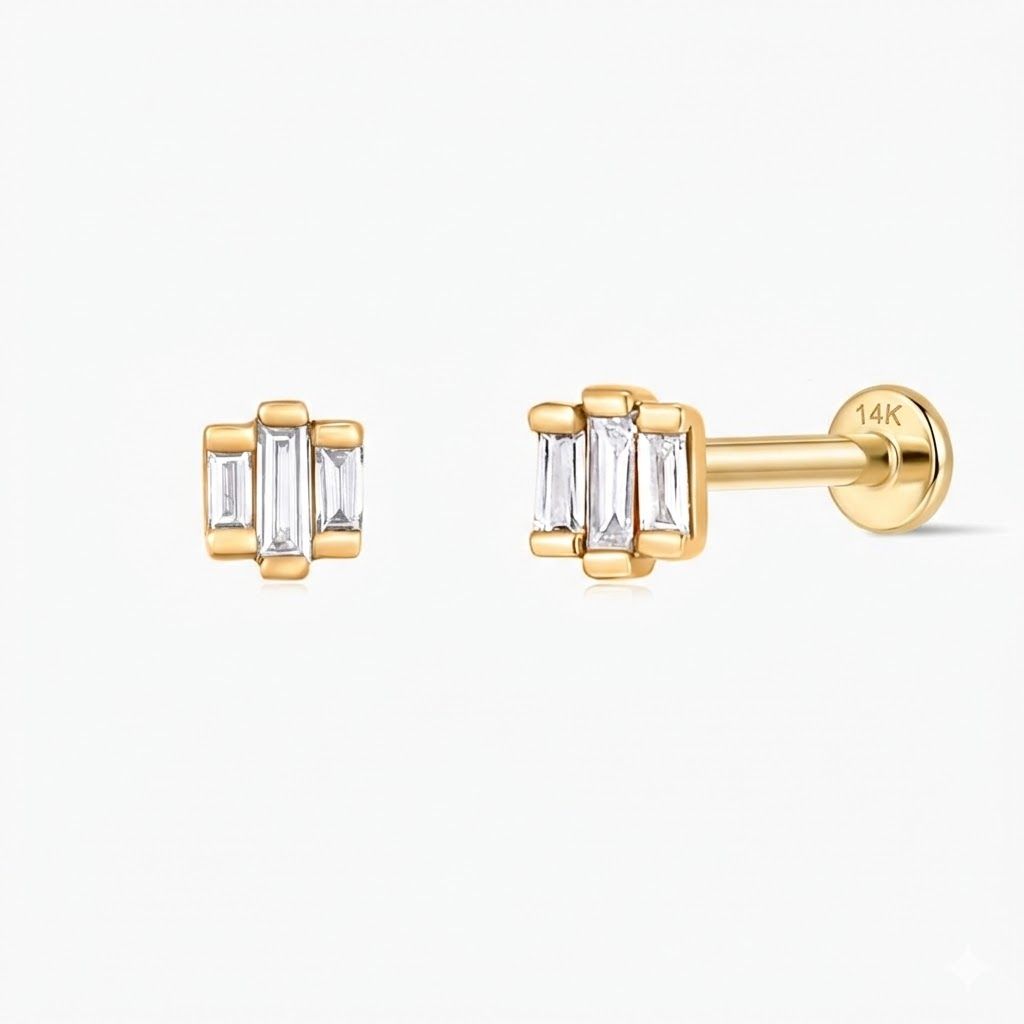14K Solid Yellow Gold Triple Baguette Stud & Solid Gold Post