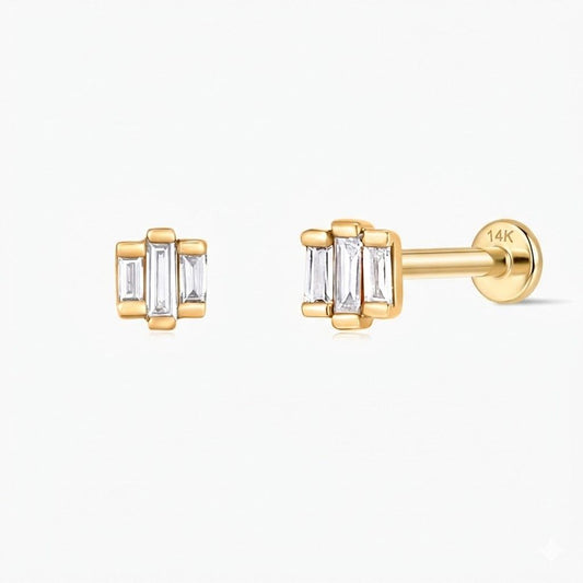 14K Solid Yellow Gold Triple Baguette Stud & Solid Gold Post
