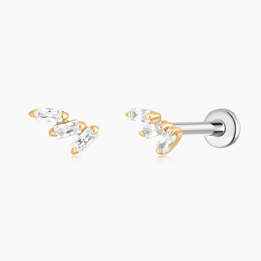 14K Solid Yellow Gold Triple Tapered Baguette Flat Back Stud & Titanium Post