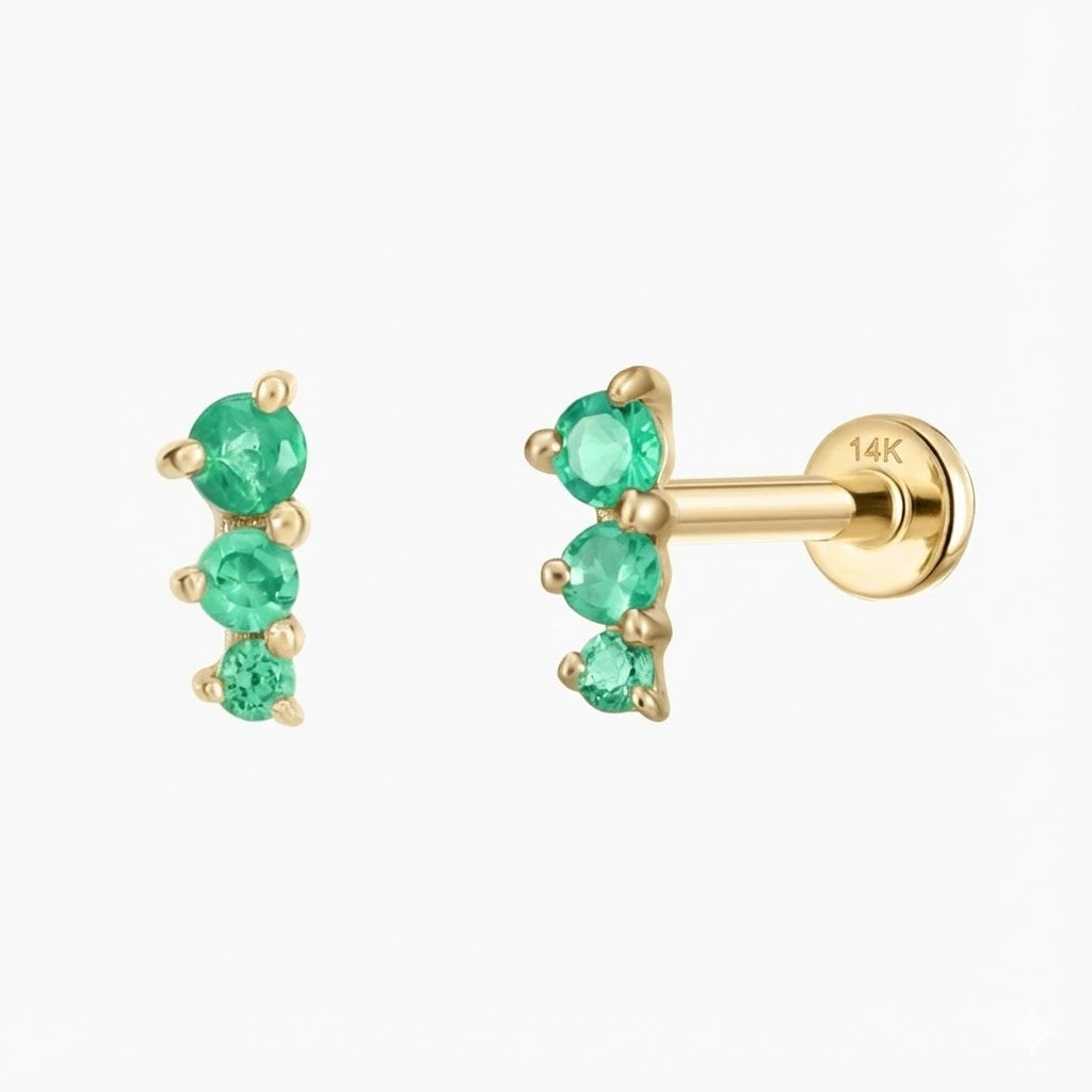 Aunyra- 14K Solid Yellow Gold Tsavorite Trio Flat Back Stud & Solid Gold Post