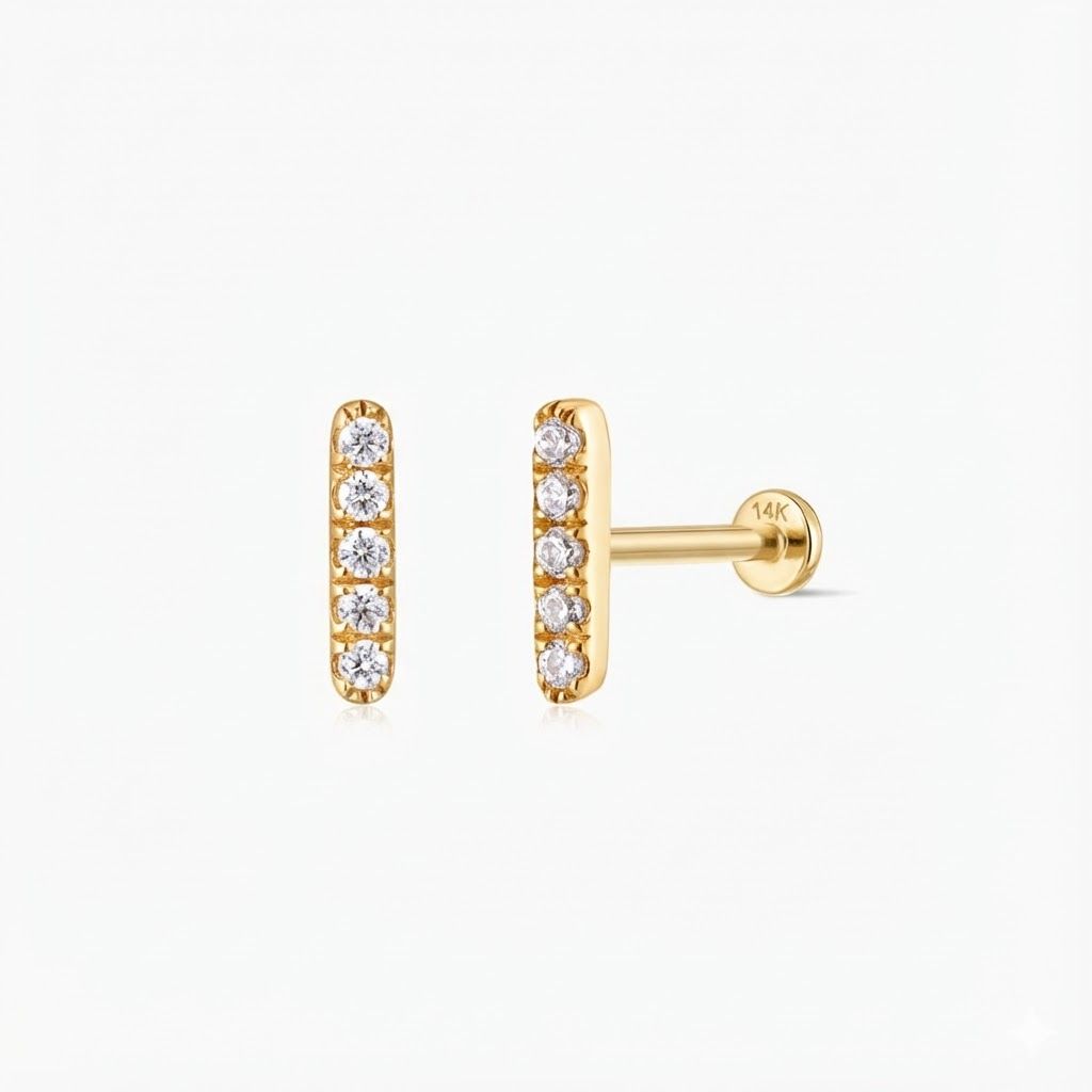 14K Solid Yellow Gold Vertical Pavé Stud & Solid Gold Post