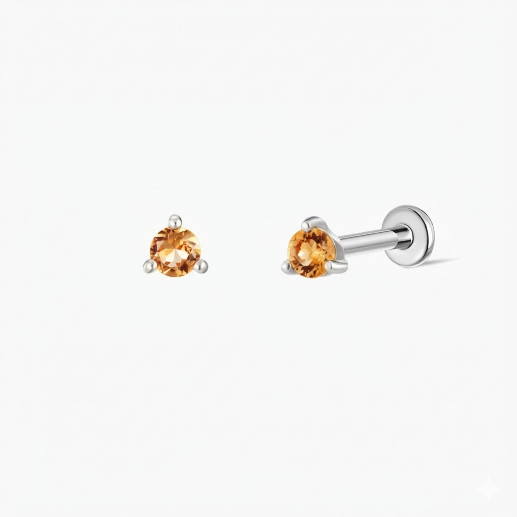 14K White Gold November Citrine Flat Back Stud & Titanium Post