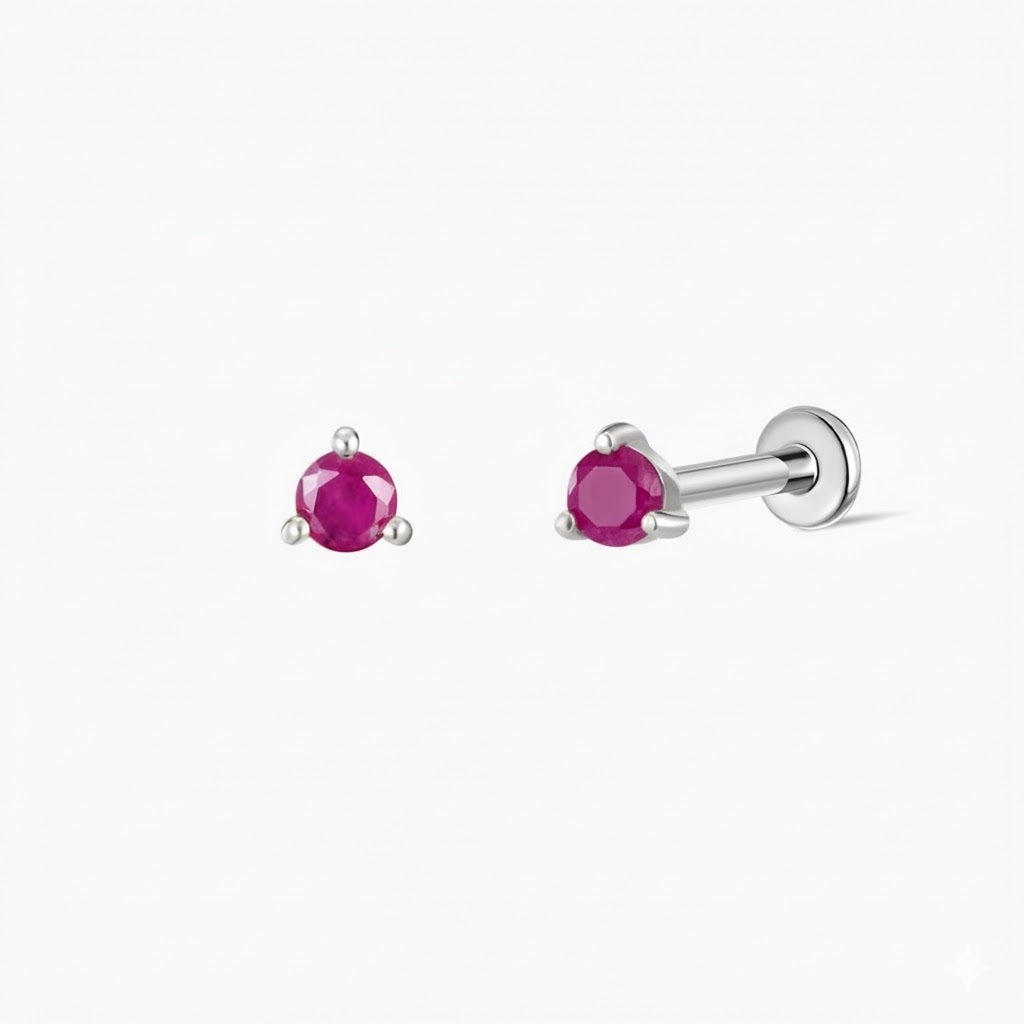 14K White Gold July Ruby Flat Back Stud & Titanium Post