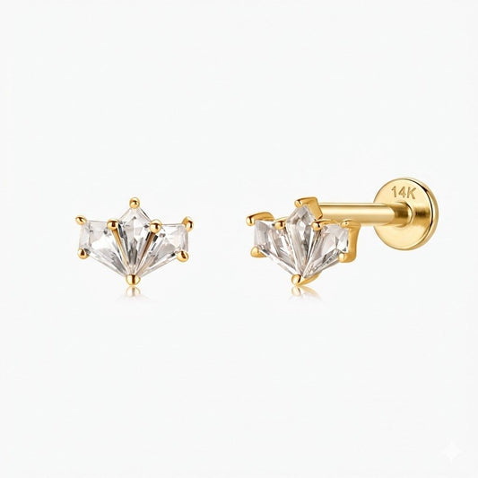 14K Solid Yellow Gold White Topaz Fan Flat Back Stud & Solid Gold Post