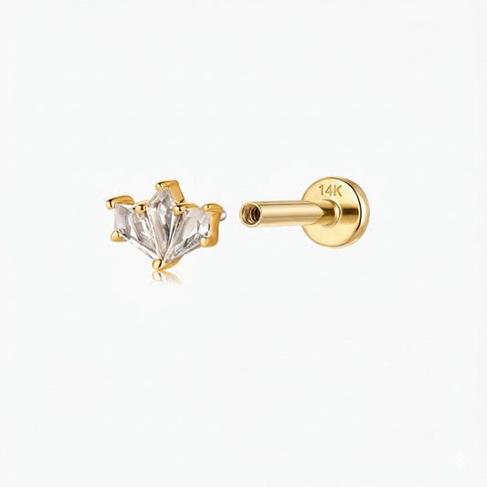 14K Solid Yellow Gold White Topaz Fan Flat Back Stud & Solid Gold Post