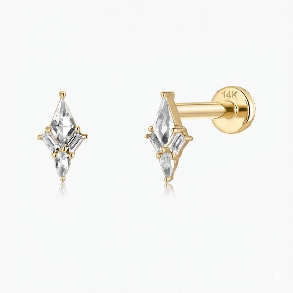 14K Solid Yellow Gold White Topaz Geo Cluster Flat Back Stud & Solid Gold Post