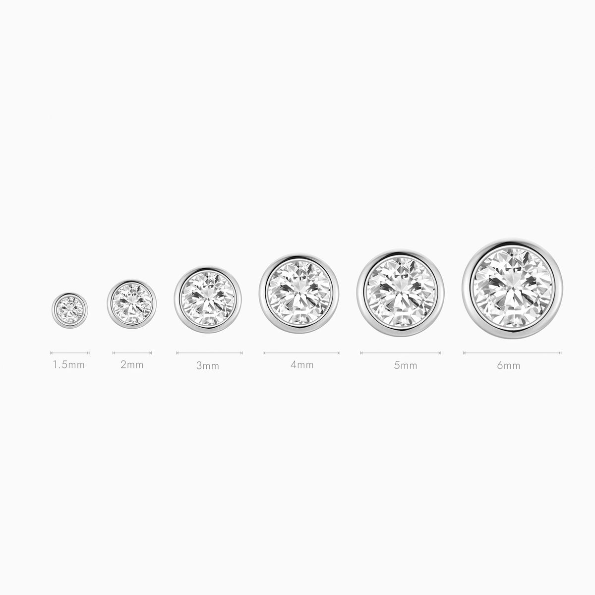 14K White Gold Bezel Stud size chart 1.5mm to 6mm