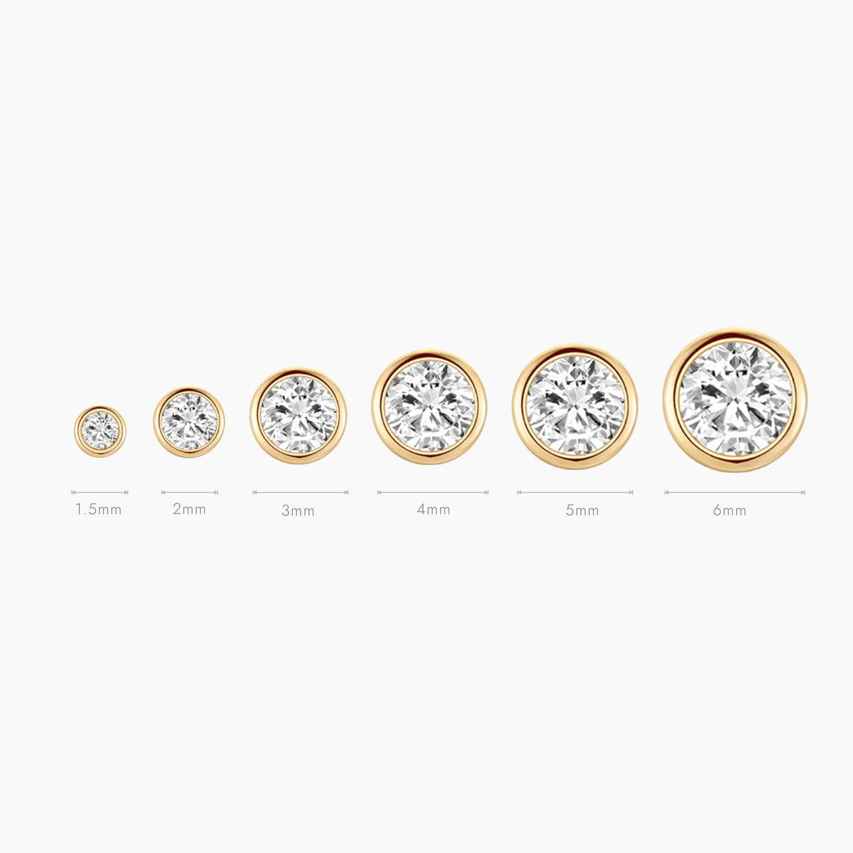 14K Yellow Gold Bezel Stud size chart 1.5mm to 6mm