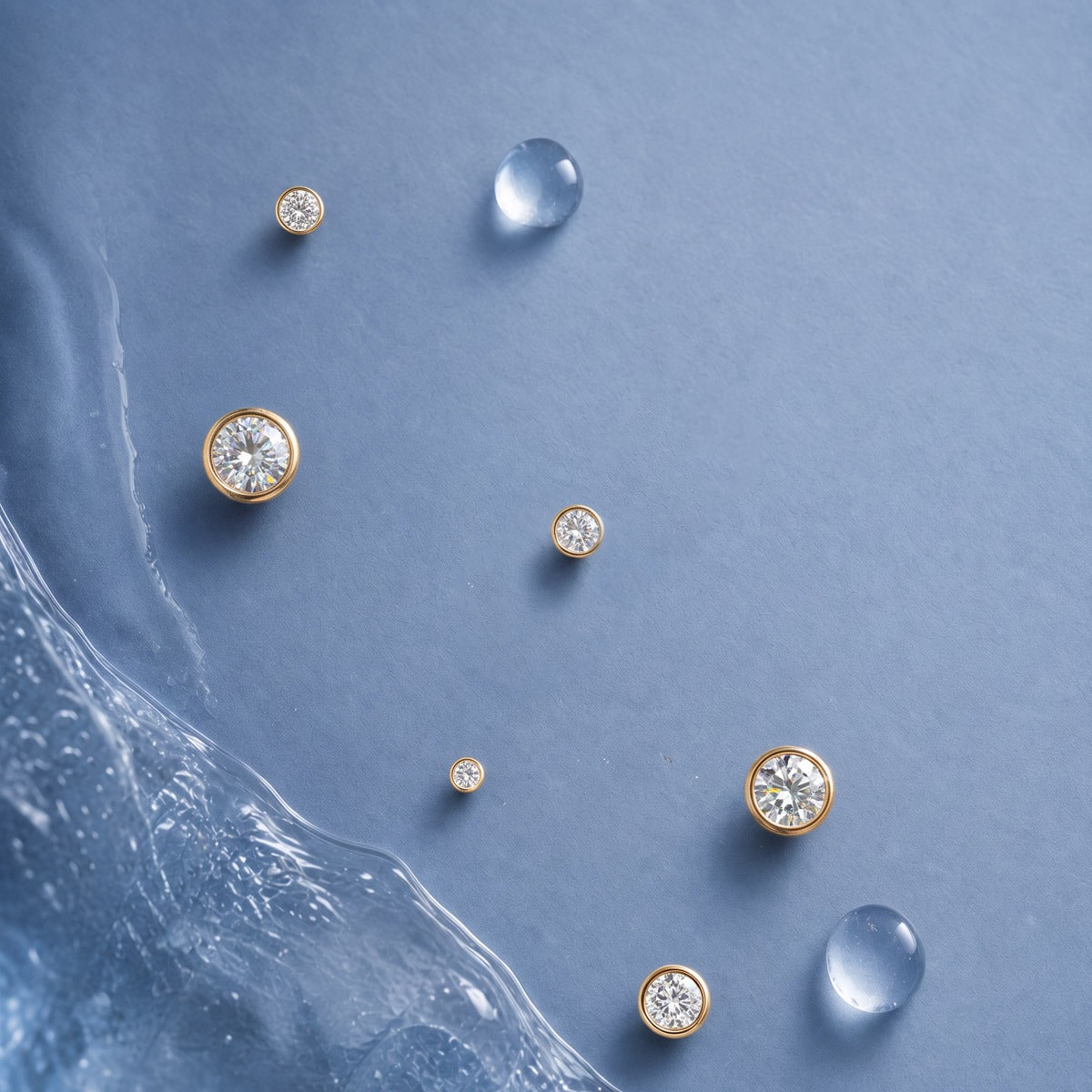 14K Yellow Gold Bezel Studs scattered on a blue ice background