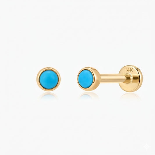 14K Solid Yellow Gold Turquoise Flat Back Stud & Solid Gold Post