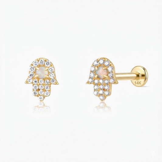 14K Solid Yellow Gold Opal Hamsa Flat Back Stud & Solid Gold Post