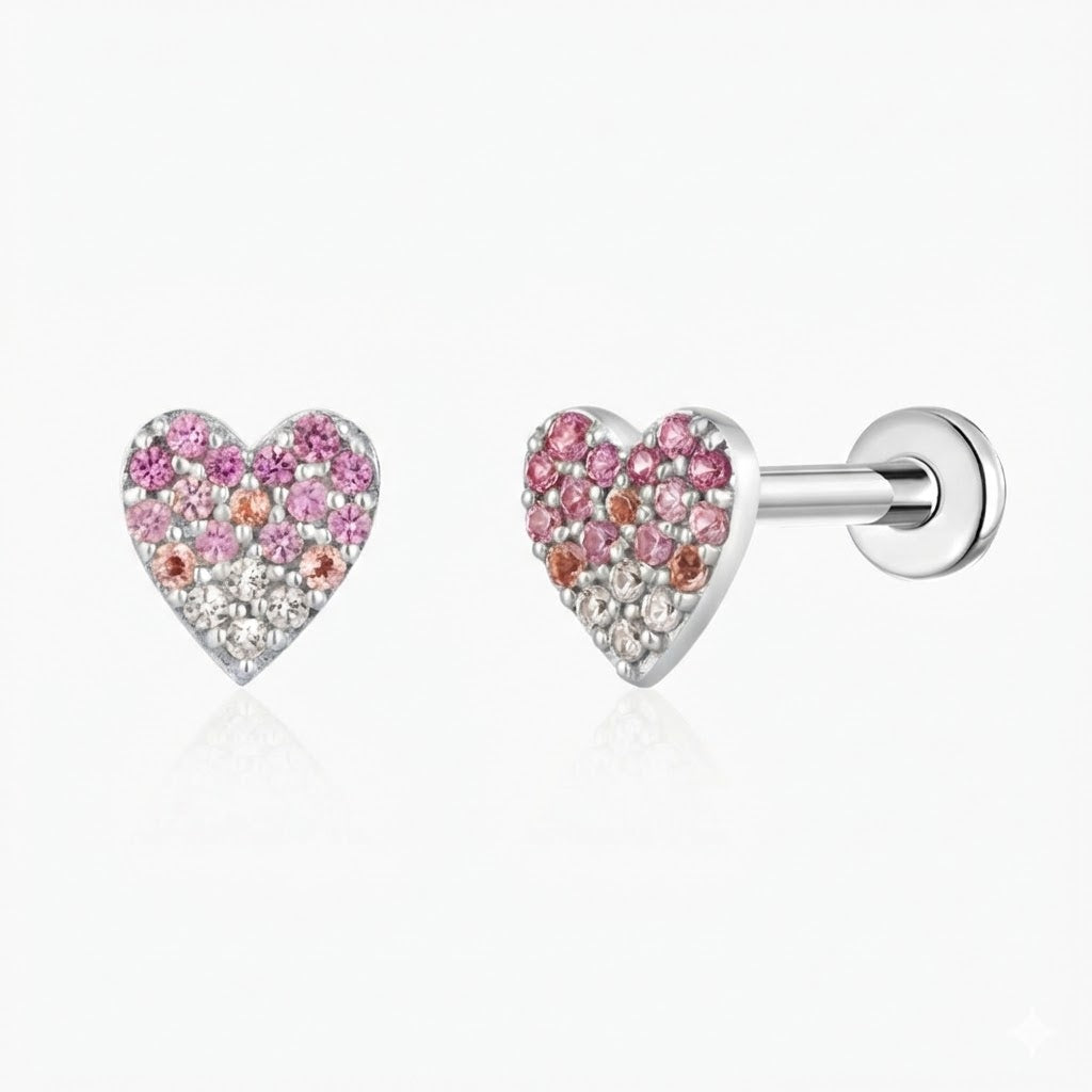 14K Solid White Gold Pavé Heart Flat Back Stud & Titanium Post