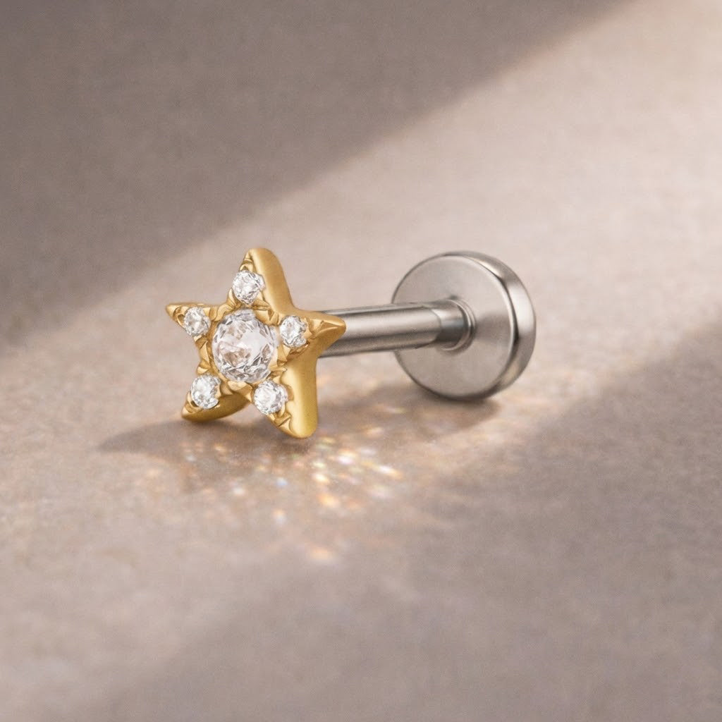 14K Solid Yellow Gold Star Flat Back Stud & Titanium Post
