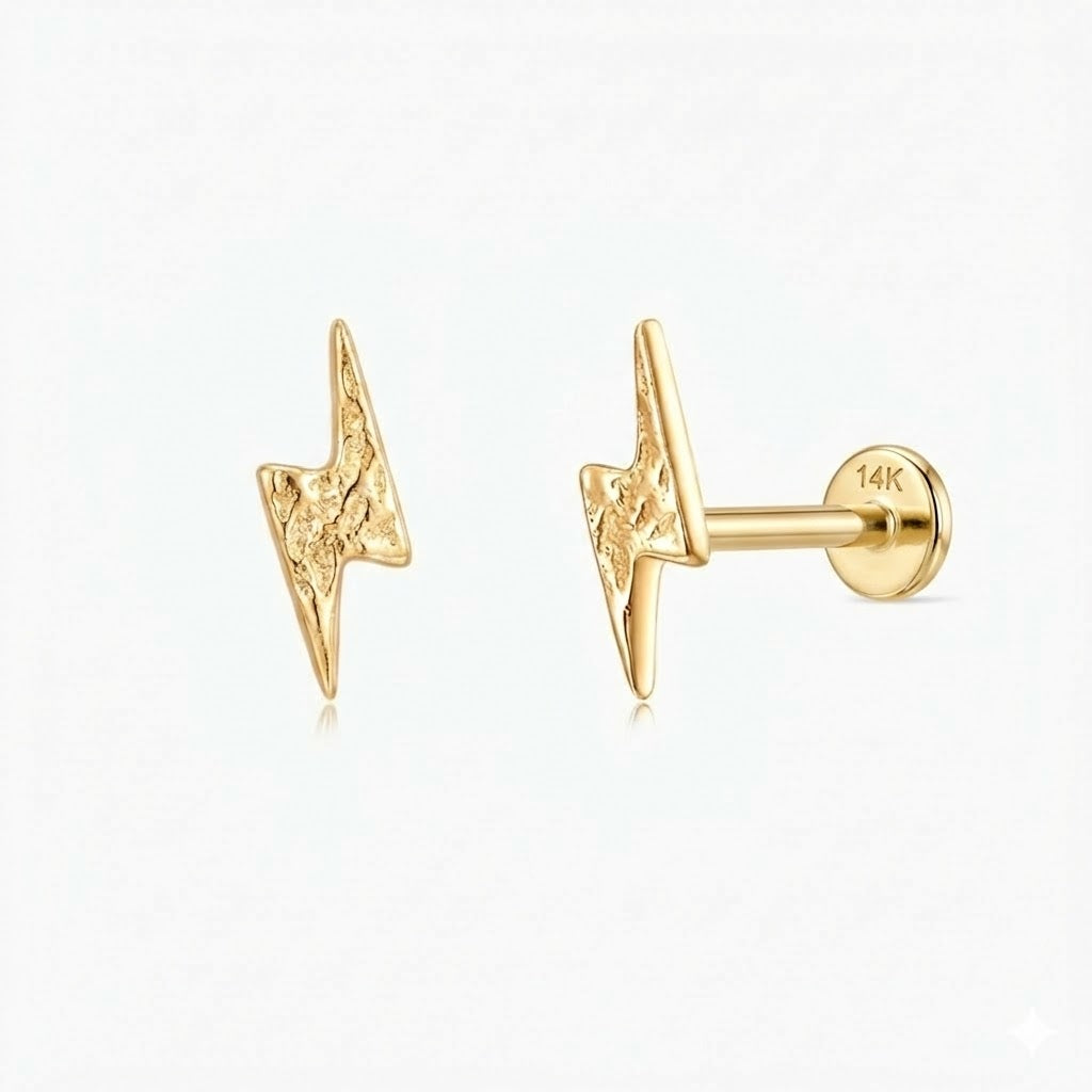 14K Solid Yellow Gold Textured Lightning Flat Back Stud & Solid Gold Post