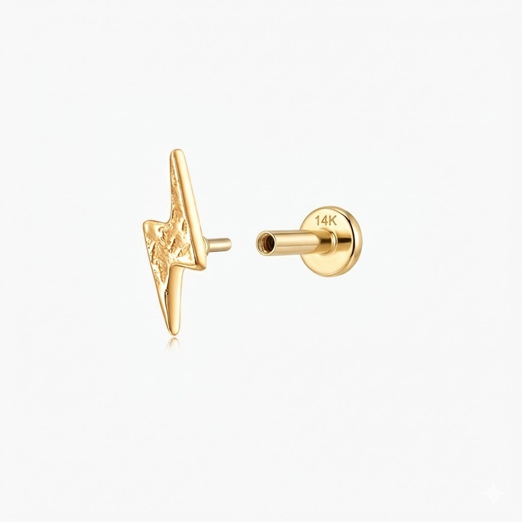 14K Solid Yellow Gold Textured Lightning Flat Back Stud & Solid Gold Post