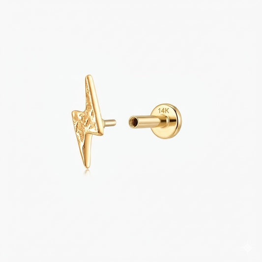 14K Solid Yellow Gold Textured Lightning Flat Back Stud & Solid Gold Post