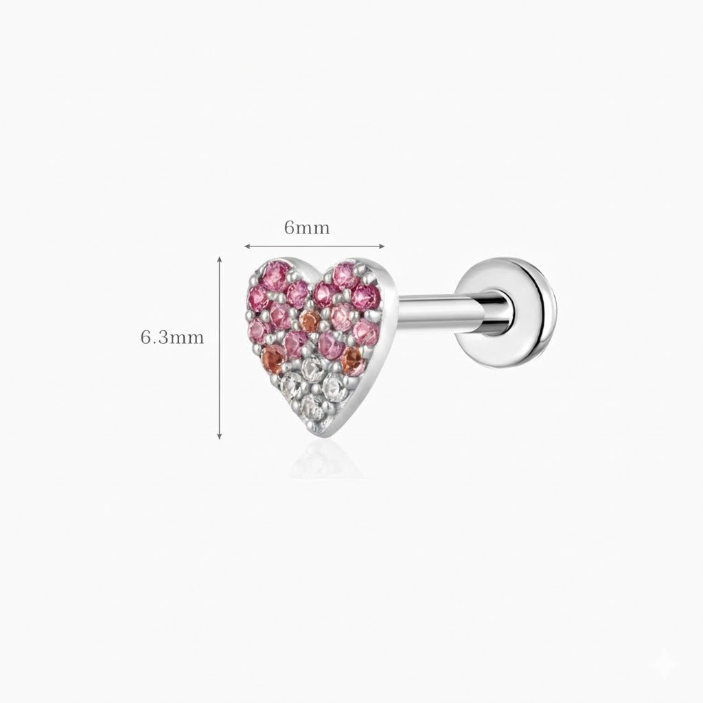 14K Solid White Gold Pavé Heart Flat Back Stud & Titanium Post