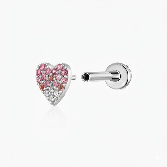14K Solid White Gold Pavé Heart Flat Back Stud & Titanium Post