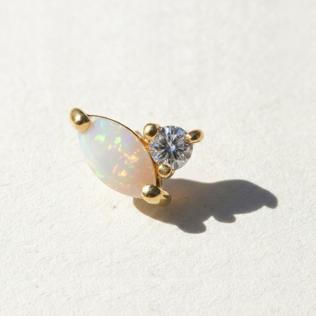 14K Solid Yellow Gold Marquise Opal Flat Back Stud & Solid Gold Post