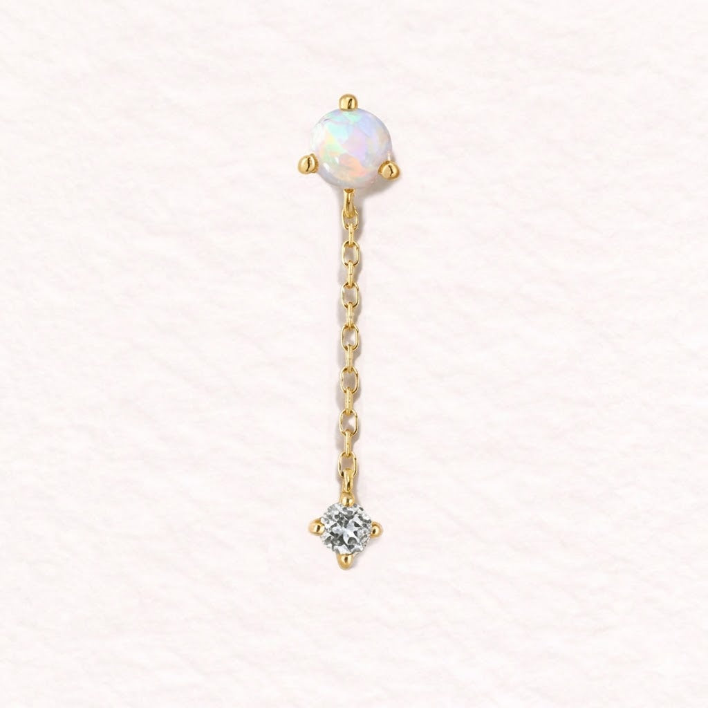 14K Solid Yellow Gold Opal Chain Dangle & Solid Gold Post